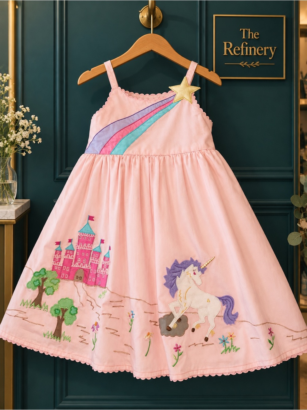 Cotton Kids Girls Pink Unicorn & Castle Sundress Rainbow Star embroidered NWT